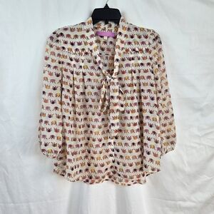 Under Skies Modcloth‎ Ivory Chiffon Pink Elephant Print 3/4 Sleeve Blouse Medium
